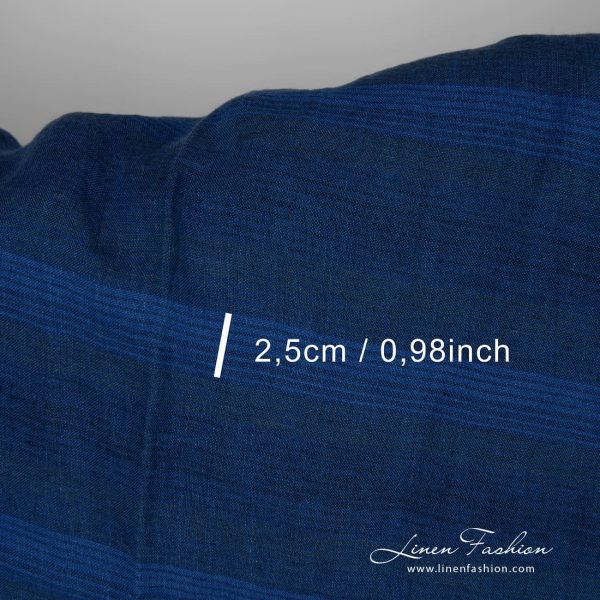 Wide washed linen fabric in blue stripes with measurements