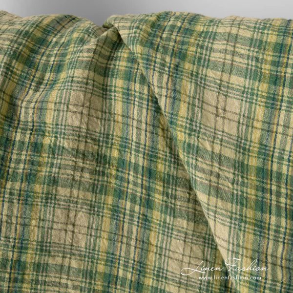 Washed green checked linen fabric