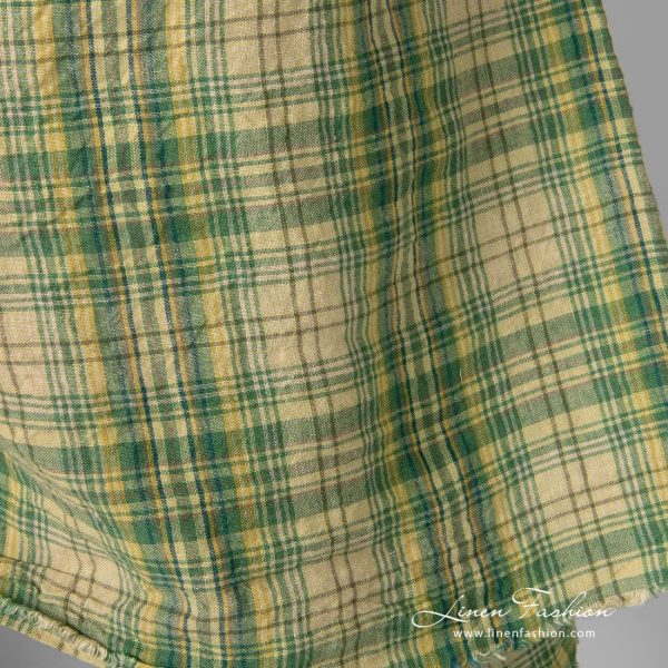 Washed linen fabric in green, yellow checks