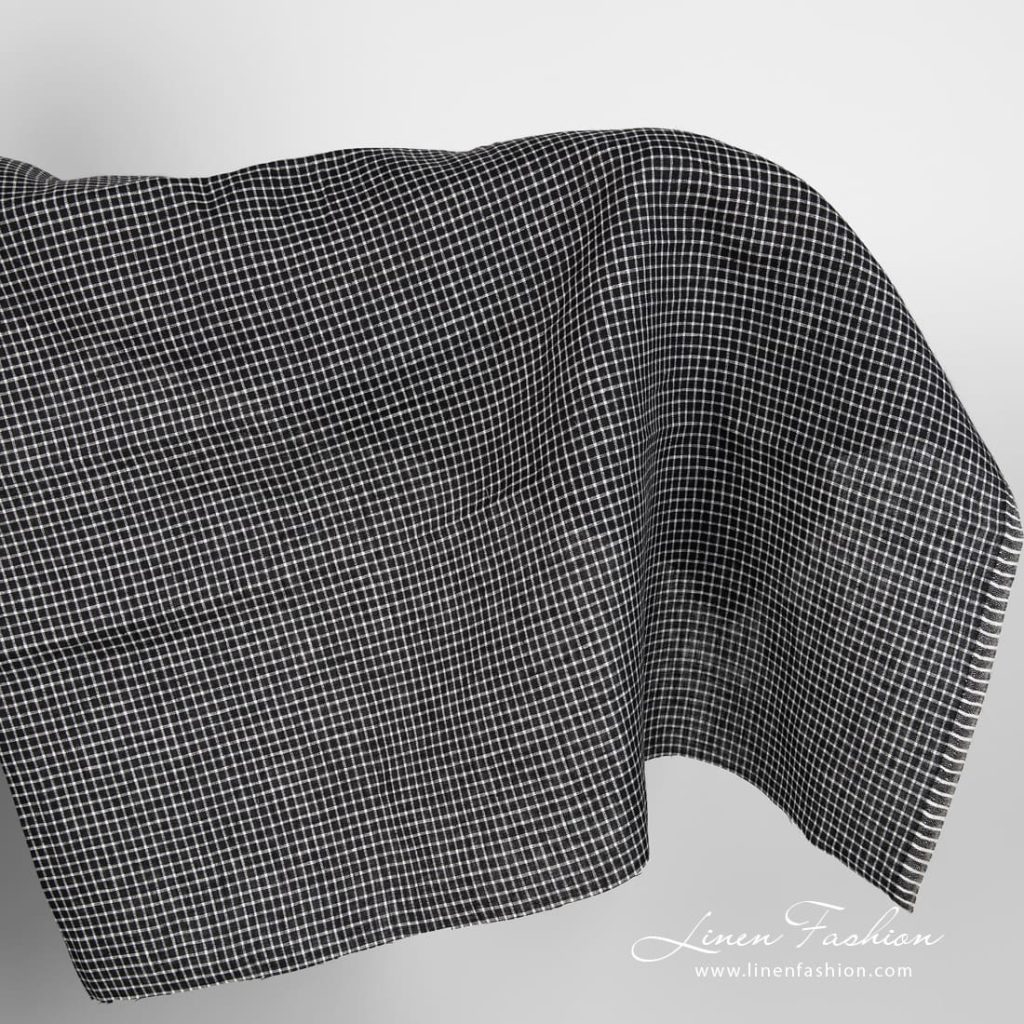 Black linen fabric with white checks