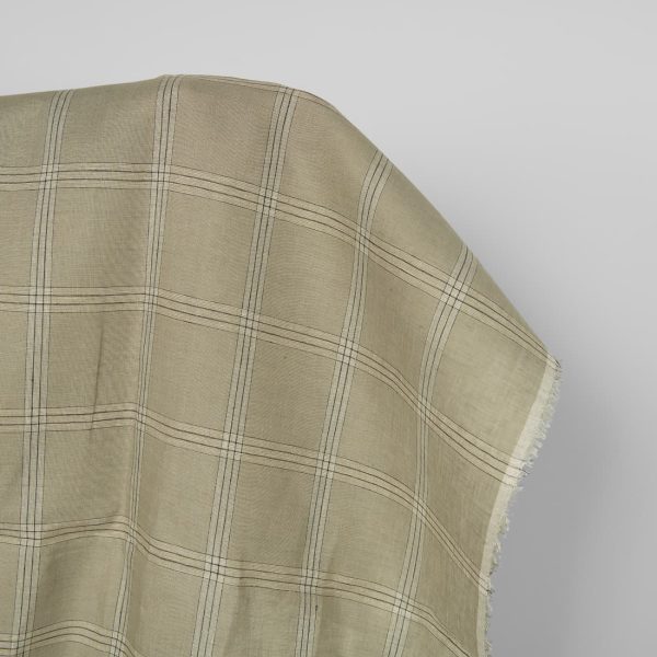 Linen fabric green-beige checks, 100% linen