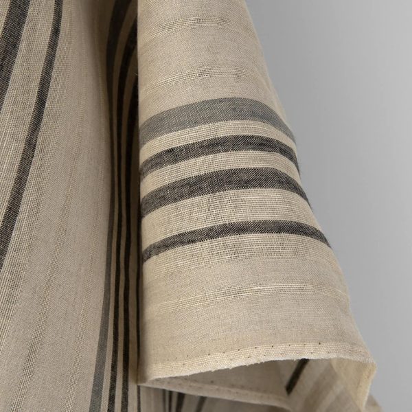 Linen fabric beige with grey stripes, 100% linen