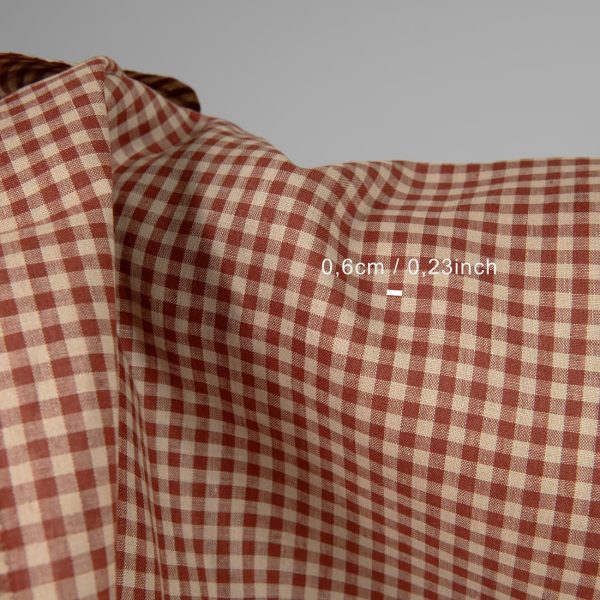 Linen fabric in sand red checks with measurements