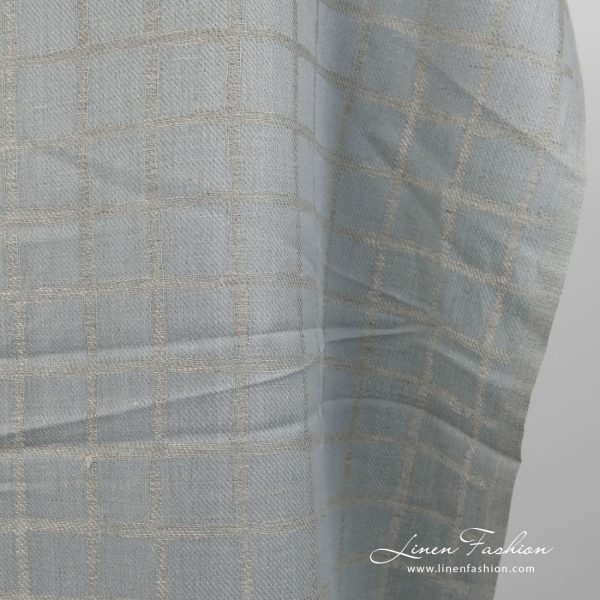 Linen cotton fabric blueish grey double-sided close up edge view
