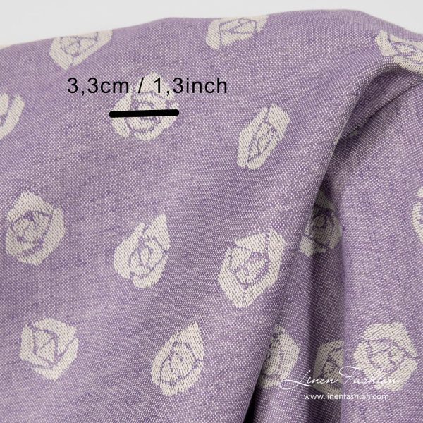 Violet linen cotton fabric with woven roses, jacquard