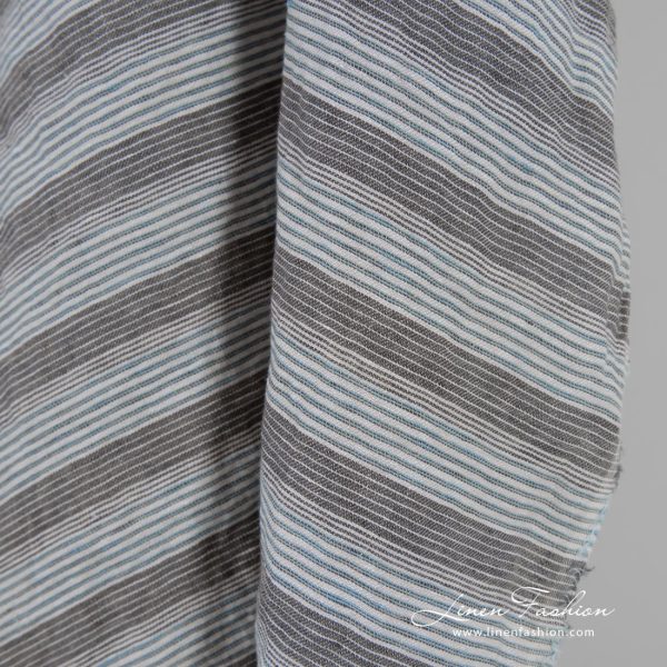 Brown blue linen fabric in stripes, specially washed to increase softness
