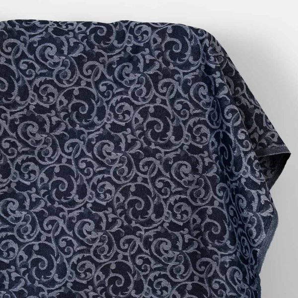 リネンコットン生地 ブルーとグレーのジャカード シルバーのルレックス