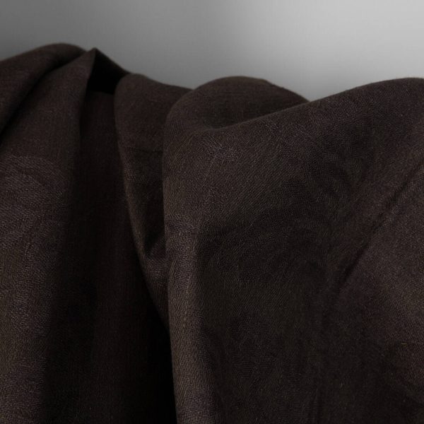 Dark brown jacquard linen fabric with flowers, jacquard weave