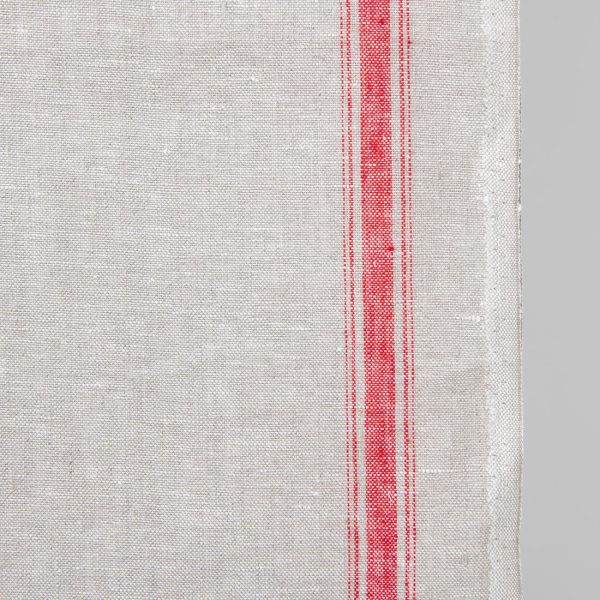 Narrow linen fabric light grey colour with red stripes close up edge