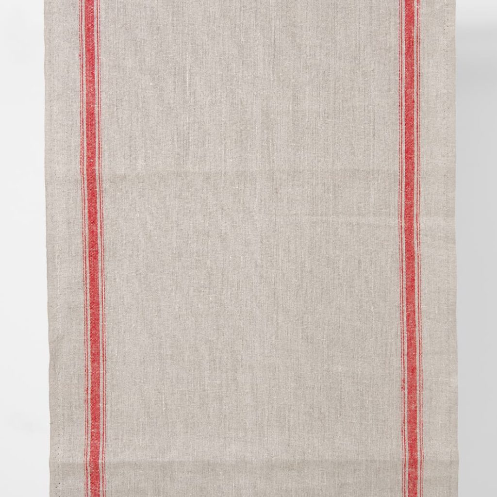 Narrow linen fabric natural grey colour with red stripes