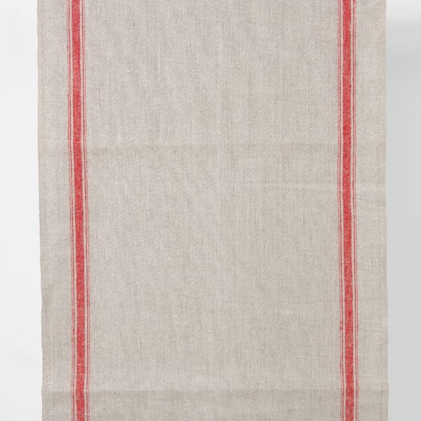 Narrow linen fabric natural grey colour with red stripes