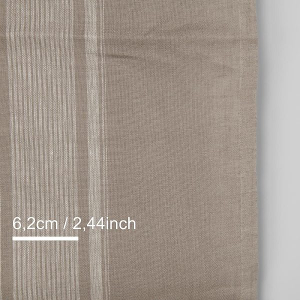 Narrow linen fabric brownish-grey with white center stripes, with measurements