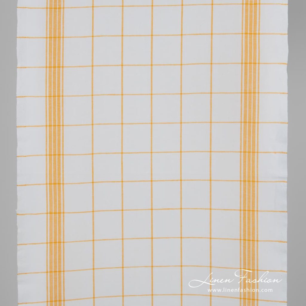 White linen cotton fabric in yellow checks
