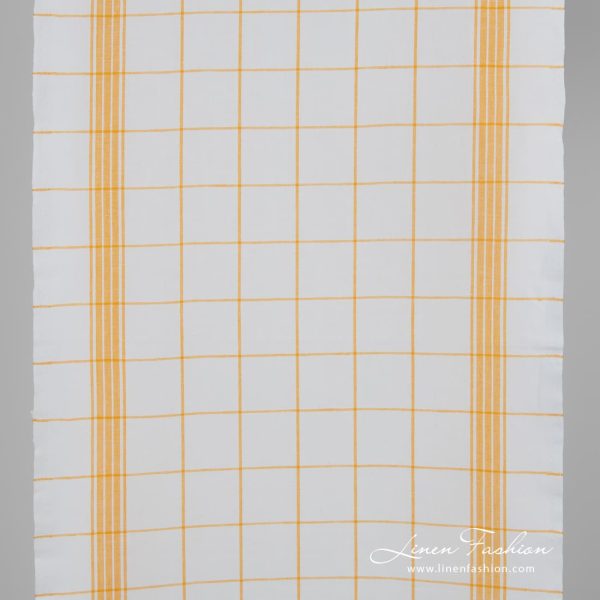 White linen cotton fabric in yellow checks