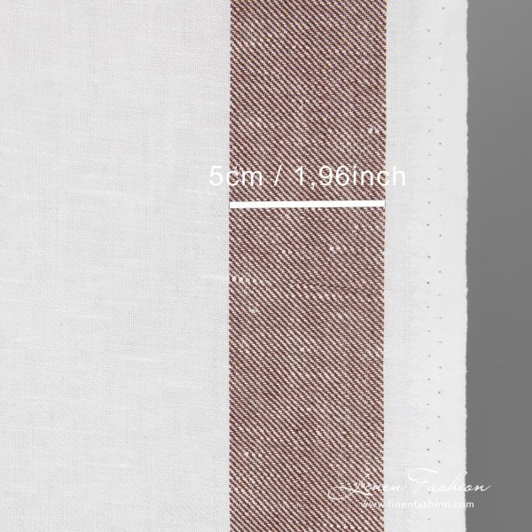 Linen cotton optical white fabric with brown stripes on sides in twill weave is thick, dense and highly absorbent