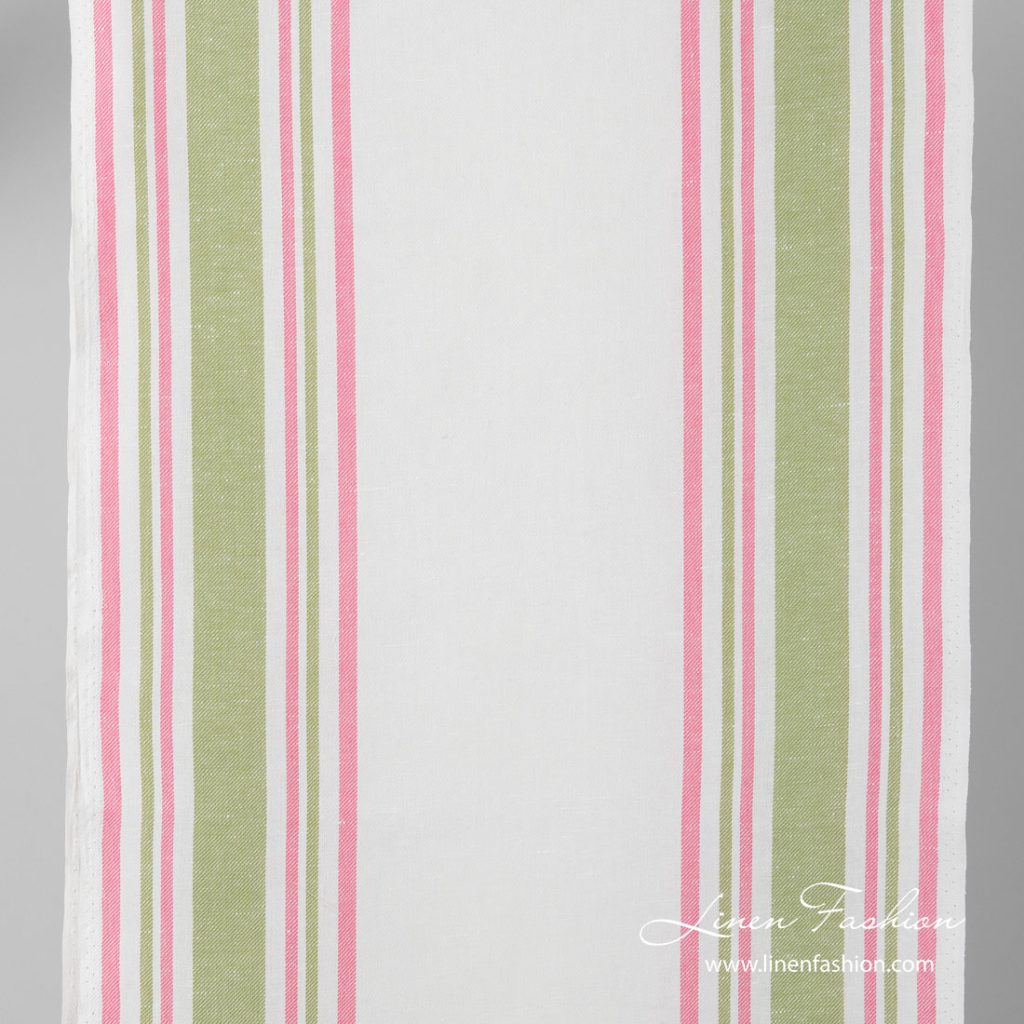 Narrow width linen blend fabric with pink, green stripes