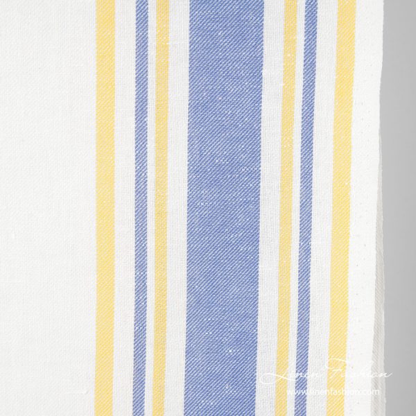 White narrow linen blend fabric in yellow, blue stripes