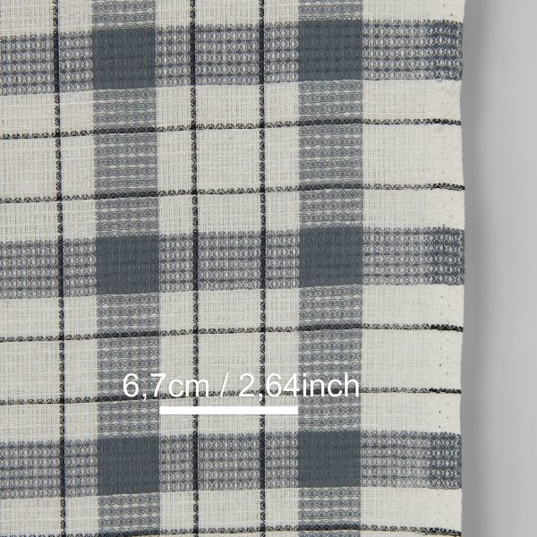 Narrow linen cotton fabric off-white with grey checks waffle, with measurements