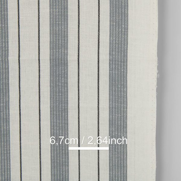 Narrow linen cotton fabric off-white with grey stripes twill, with measurements