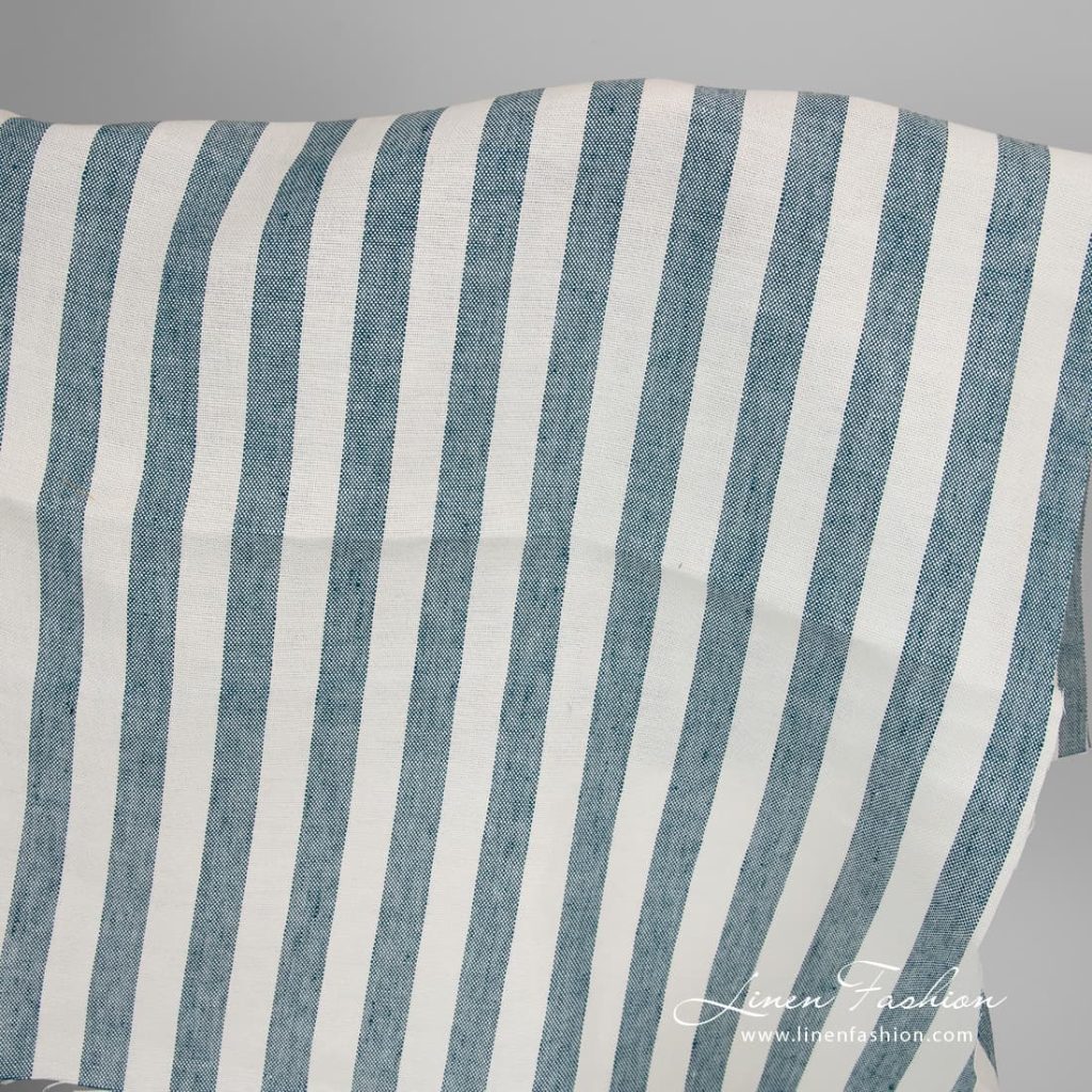 Thick linen fabric with white turquoise stripes.
