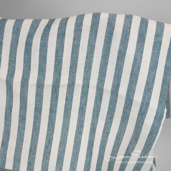 Thick linen fabric with white turquoise stripes.