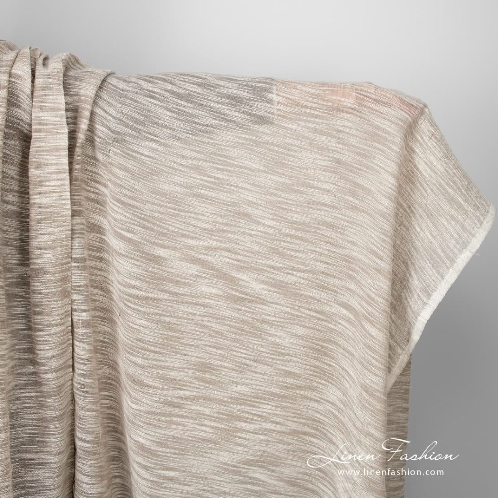 Linen cotton fabric sand colour with white stripes