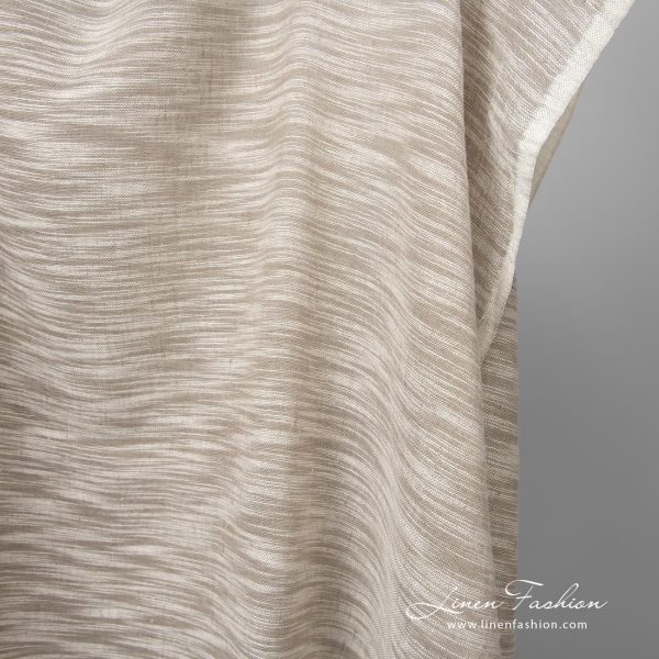 Linen cotton fabric sand colour with white stripes edge view