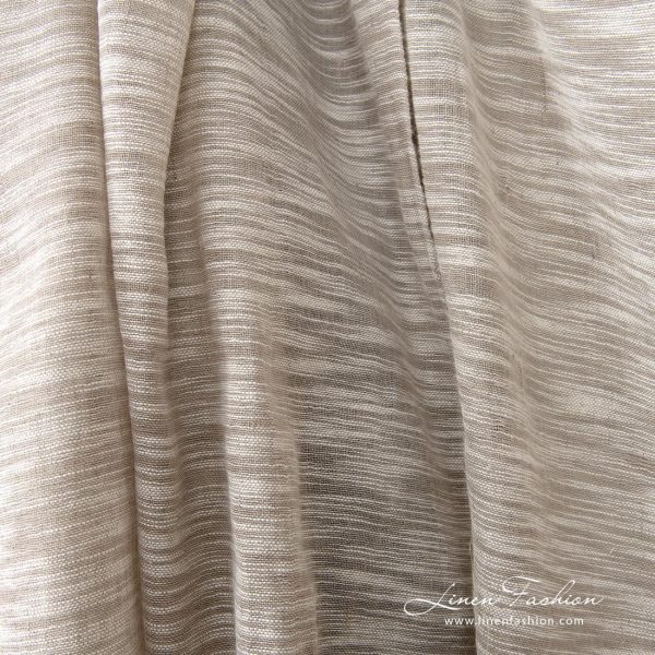 Linen cotton fabric sand colour with white stripes close up detail