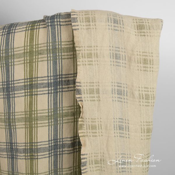 Green linen cotton fabric in checks, double-sided
