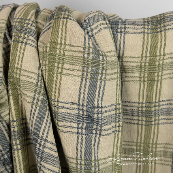Linen cotton fabric woven from green and dark blue yarns