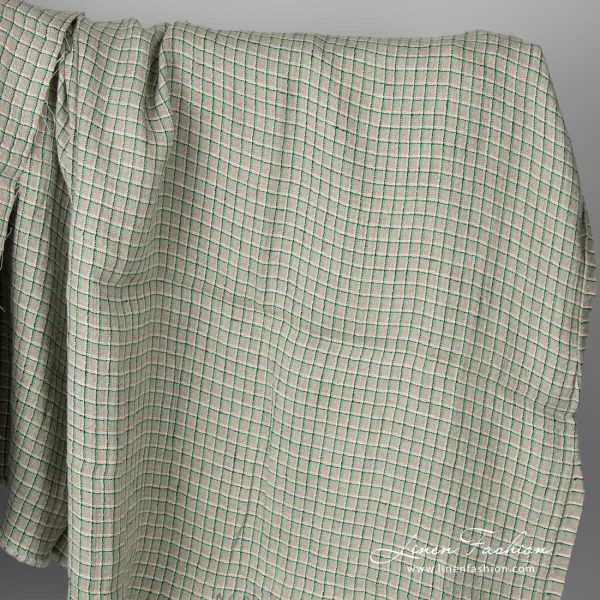 Linen grey fabric with green checks, washed