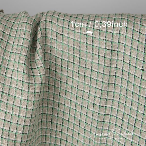 Grey natural flax colour 100% linen fabric with narrow, light green, black and white stripes, which create 1cm x 1,5cm (0.4" x 0.6") checks