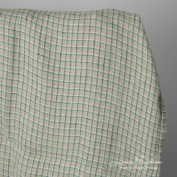 Grey natural flax colour 100% linen fabric with light green, black and white checks
