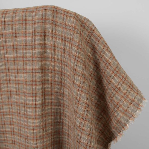 Washed linen fabric orange brown checks, specially washed