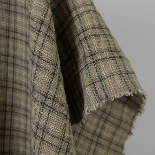 Washed linen fabric brown-green checks, pure linen fabric
