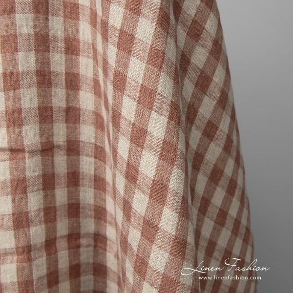 Washed linen fabric brown and natural checks pure linen