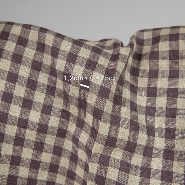Linen fabric in natural and purple colour checks with measurements