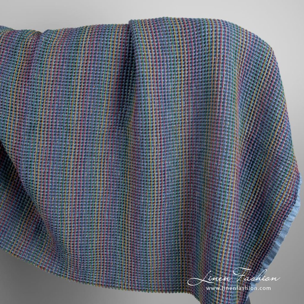 Blue linen cotton fabric in waffle pattern