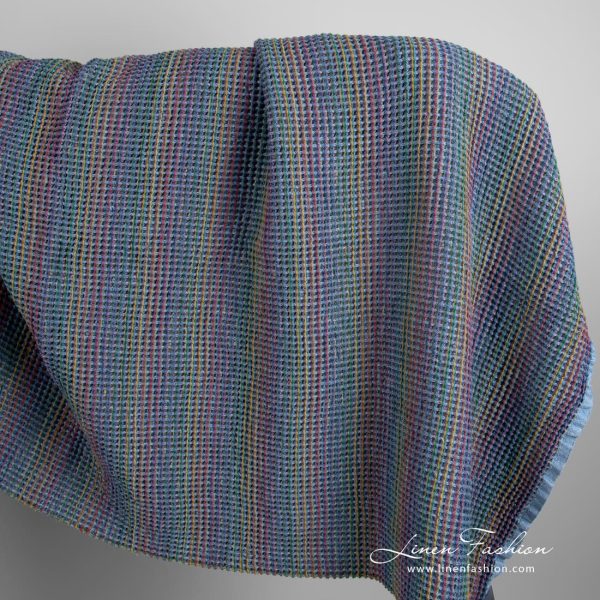 Blue linen cotton fabric in waffle pattern