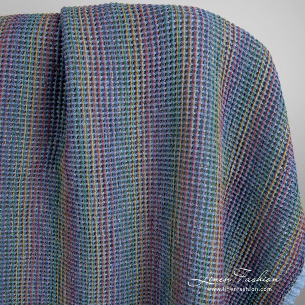 Blue linen cotton fabric in waffle pattern, specially washed