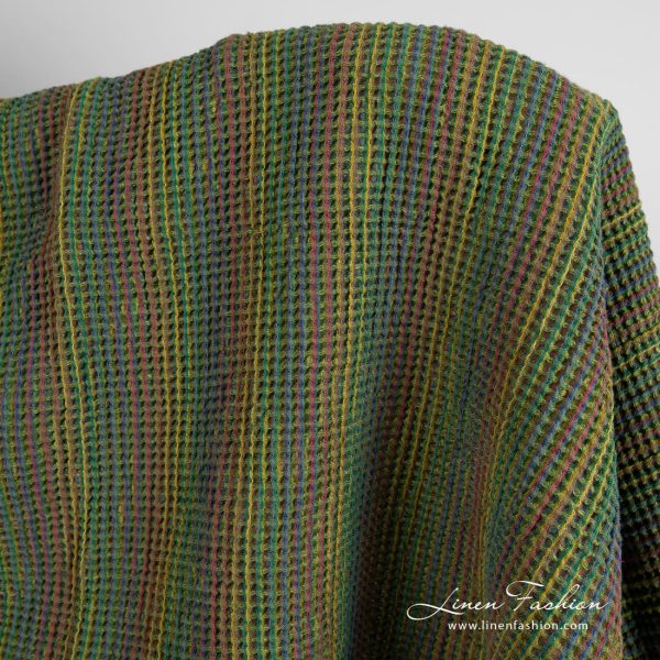 Green linen cotton fabric in waffle pattern, specially washed