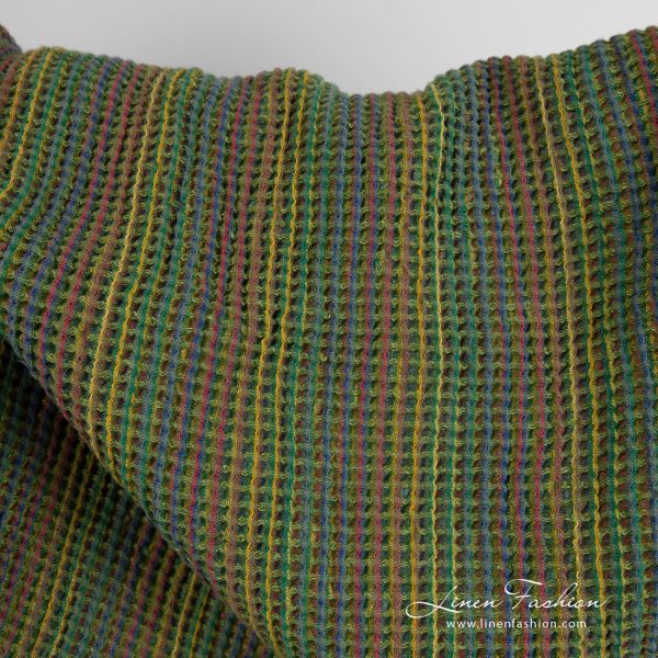 Green linen cotton fabric in waffle pattern