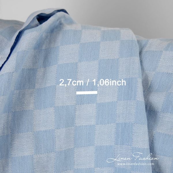 Bluish linen cotton fabric in checks, perfect for clothes and home textile