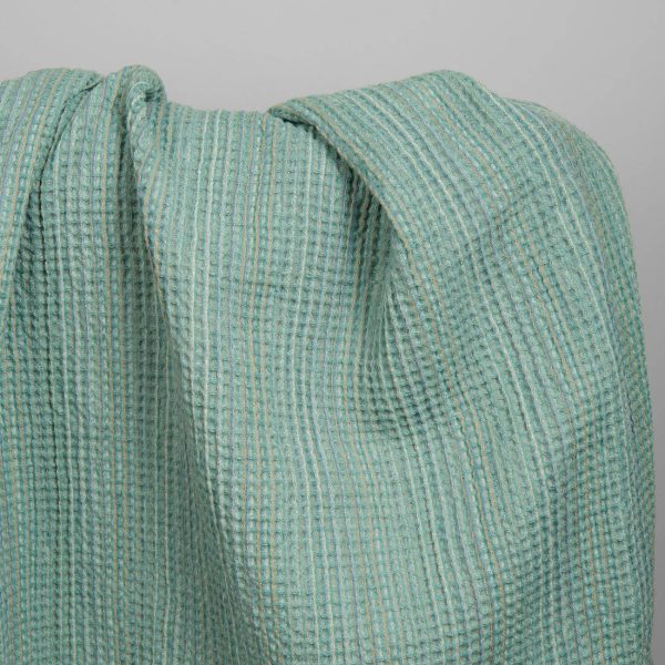 Washed green linen cotton waffle weave fabric
