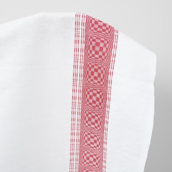 White checked linen cotton fabric with red stripes detail