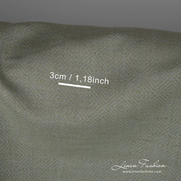 Linen cotton fabric in greyish green diamond pattern with measurements