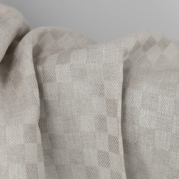 Linen cotton fabric white and natural twill checks close up detail