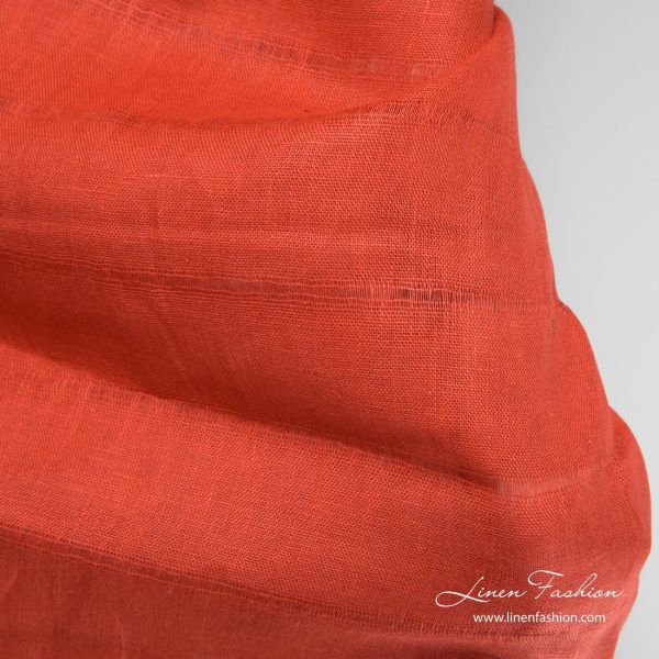Red transparent linen fabric with azure stripes