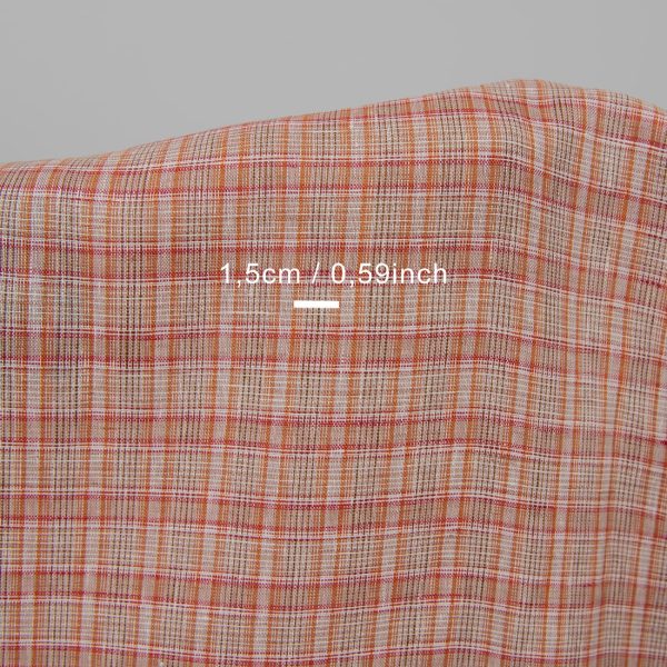 Red and white checked linen fabric with measurements