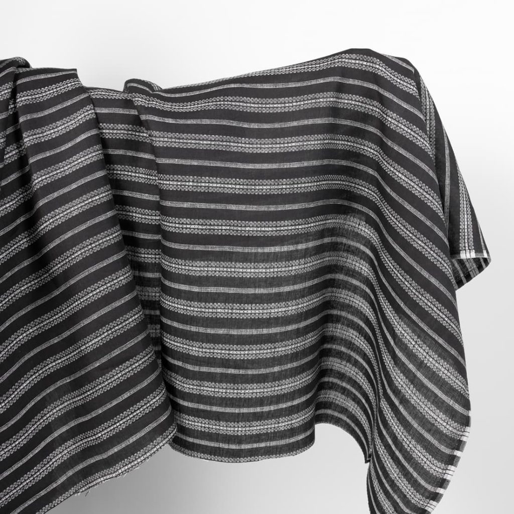 Linen fabric black with white patterned stripes
